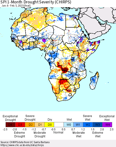 Africa SPI 1-Month Drought Severity (CHIRPS) Thematic Map For 1/6/2023 - 2/5/2023