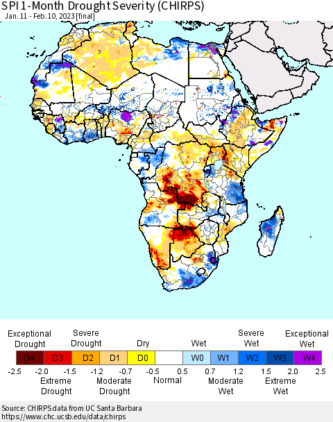 Africa SPI 1-Month Drought Severity (CHIRPS) Thematic Map For 1/11/2023 - 2/10/2023