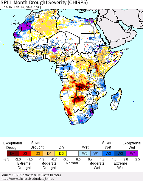 Africa SPI 1-Month Drought Severity (CHIRPS) Thematic Map For 1/16/2023 - 2/15/2023