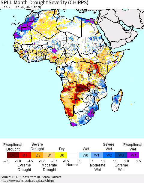 Africa SPI 1-Month Drought Severity (CHIRPS) Thematic Map For 1/21/2023 - 2/20/2023