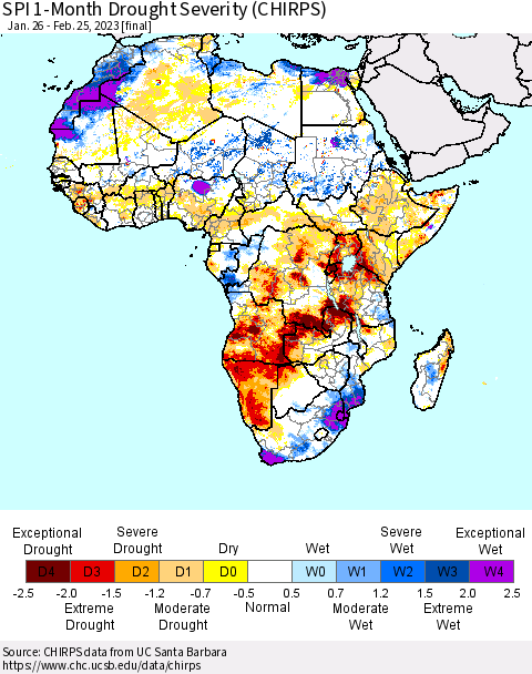 Africa SPI 1-Month Drought Severity (CHIRPS) Thematic Map For 1/26/2023 - 2/25/2023