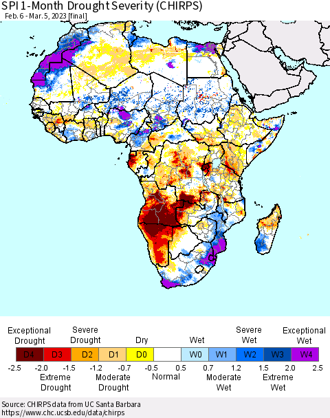 Africa SPI 1-Month Drought Severity (CHIRPS) Thematic Map For 2/6/2023 - 3/5/2023
