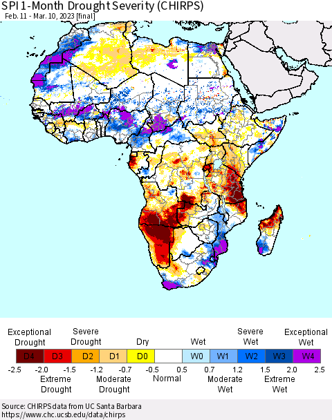 Africa SPI 1-Month Drought Severity (CHIRPS) Thematic Map For 2/11/2023 - 3/10/2023