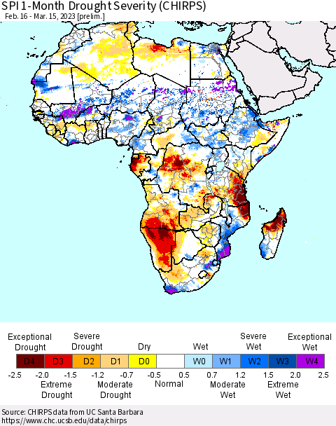 Africa SPI 1-Month Drought Severity (CHIRPS) Thematic Map For 2/16/2023 - 3/15/2023