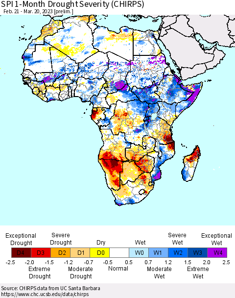 Africa SPI 1-Month Drought Severity (CHIRPS) Thematic Map For 2/21/2023 - 3/20/2023