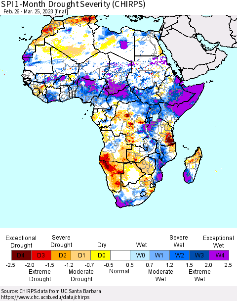 Africa SPI 1-Month Drought Severity (CHIRPS) Thematic Map For 2/26/2023 - 3/25/2023