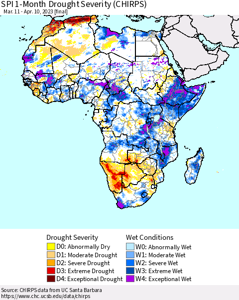 Africa SPI 1-Month Drought Severity (CHIRPS) Thematic Map For 3/11/2023 - 4/10/2023