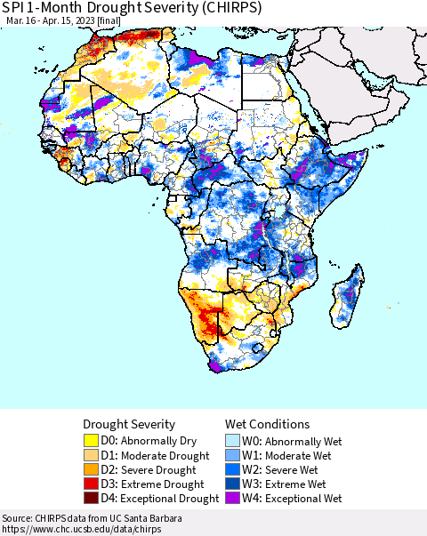 Africa SPI 1-Month Drought Severity (CHIRPS) Thematic Map For 3/16/2023 - 4/15/2023