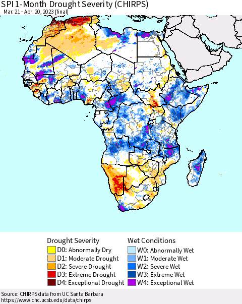 Africa SPI 1-Month Drought Severity (CHIRPS) Thematic Map For 3/21/2023 - 4/20/2023
