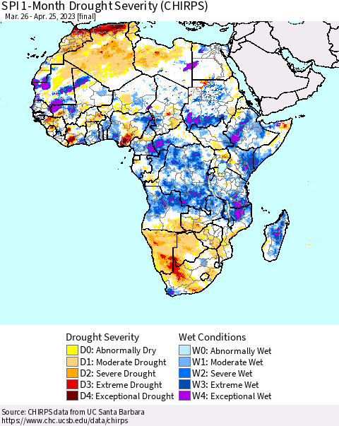 Africa SPI 1-Month Drought Severity (CHIRPS) Thematic Map For 3/26/2023 - 4/25/2023