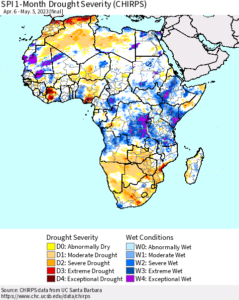 Africa SPI 1-Month Drought Severity (CHIRPS) Thematic Map For 4/6/2023 - 5/5/2023