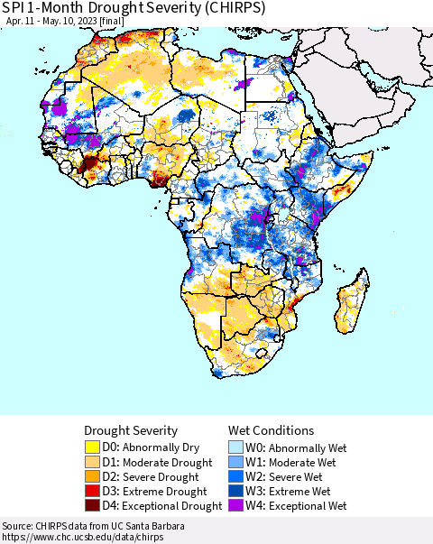 Africa SPI 1-Month Drought Severity (CHIRPS) Thematic Map For 4/11/2023 - 5/10/2023