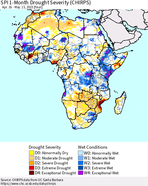 Africa SPI 1-Month Drought Severity (CHIRPS) Thematic Map For 4/16/2023 - 5/15/2023