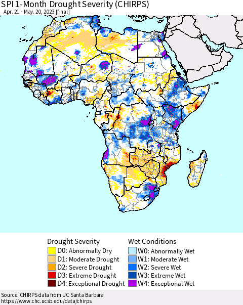 Africa SPI 1-Month Drought Severity (CHIRPS) Thematic Map For 4/21/2023 - 5/20/2023