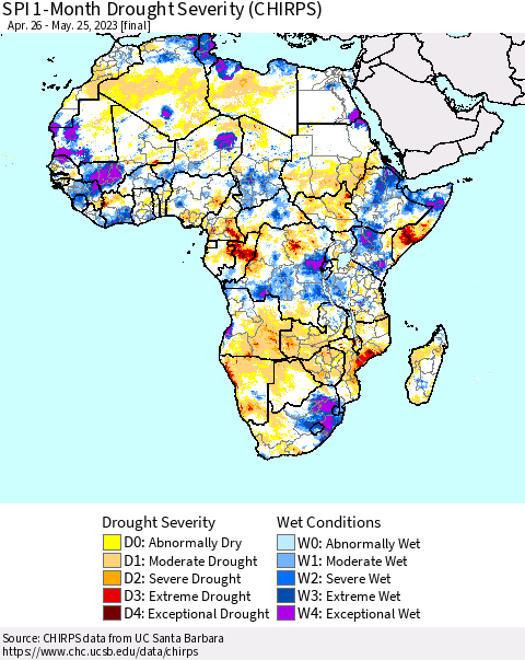 Africa SPI 1-Month Drought Severity (CHIRPS) Thematic Map For 4/26/2023 - 5/25/2023