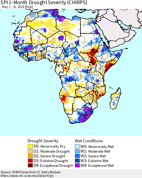 Africa SPI 1-Month Drought Severity (CHIRPS) Thematic Map For 5/1/2023 - 5/31/2023