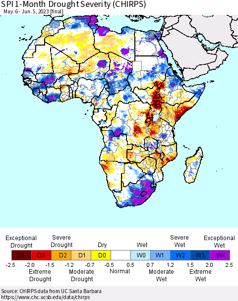 Africa SPI 1-Month Drought Severity (CHIRPS) Thematic Map For 5/6/2023 - 6/5/2023