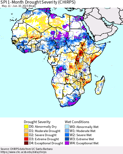 Africa SPI 1-Month Drought Severity (CHIRPS) Thematic Map For 5/11/2023 - 6/10/2023