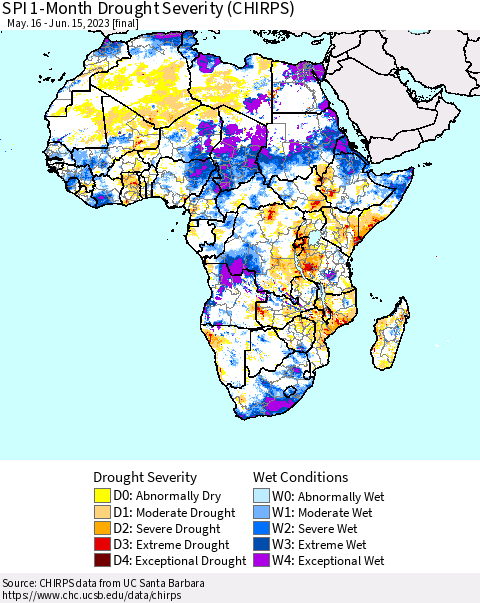 Africa SPI 1-Month Drought Severity (CHIRPS) Thematic Map For 5/16/2023 - 6/15/2023