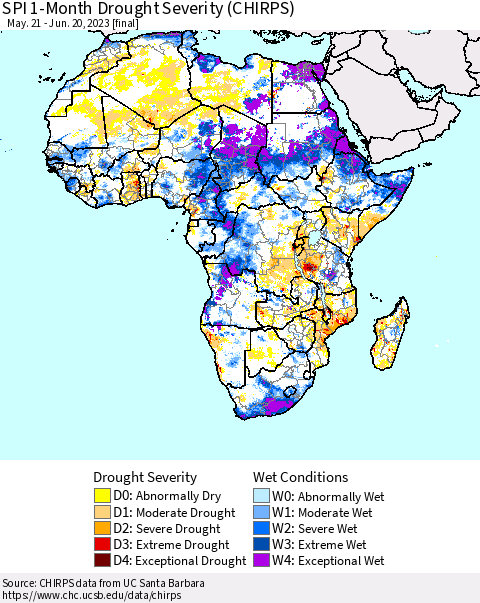 Africa SPI 1-Month Drought Severity (CHIRPS) Thematic Map For 5/21/2023 - 6/20/2023