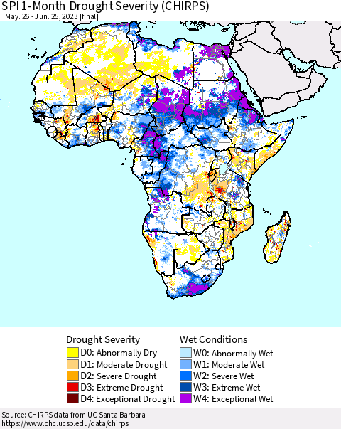 Africa SPI 1-Month Drought Severity (CHIRPS) Thematic Map For 5/26/2023 - 6/25/2023