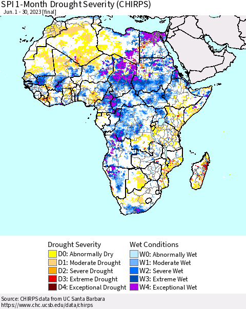Africa SPI 1-Month Drought Severity (CHIRPS) Thematic Map For 6/1/2023 - 6/30/2023