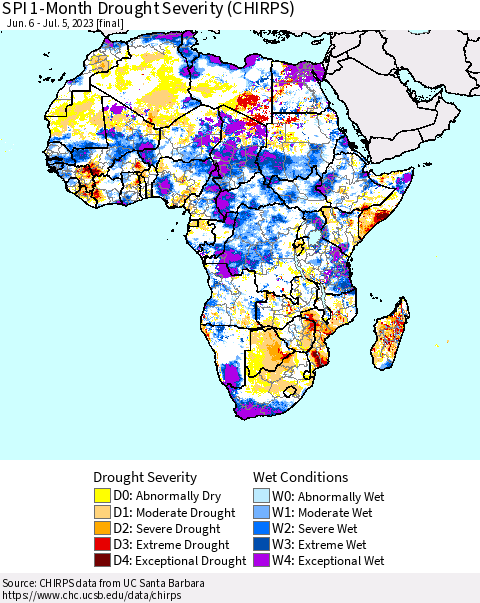 Africa SPI 1-Month Drought Severity (CHIRPS) Thematic Map For 6/6/2023 - 7/5/2023