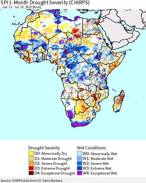 Africa SPI 1-Month Drought Severity (CHIRPS) Thematic Map For 6/11/2023 - 7/10/2023