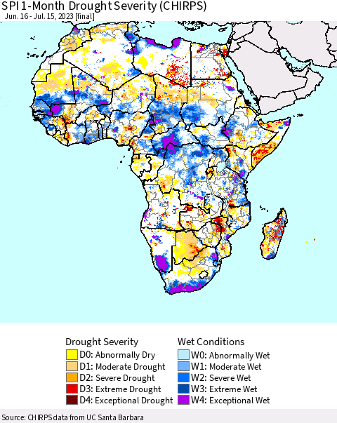 Africa SPI 1-Month Drought Severity (CHIRPS) Thematic Map For 6/16/2023 - 7/15/2023