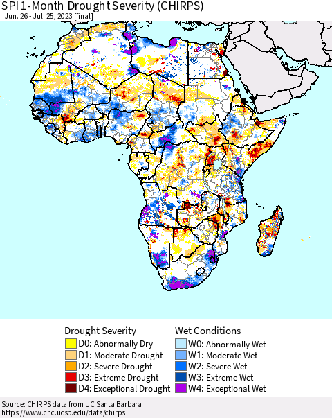 Africa SPI 1-Month Drought Severity (CHIRPS) Thematic Map For 6/26/2023 - 7/25/2023