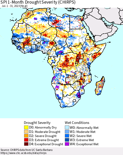 Africa SPI 1-Month Drought Severity (CHIRPS) Thematic Map For 7/1/2023 - 7/31/2023