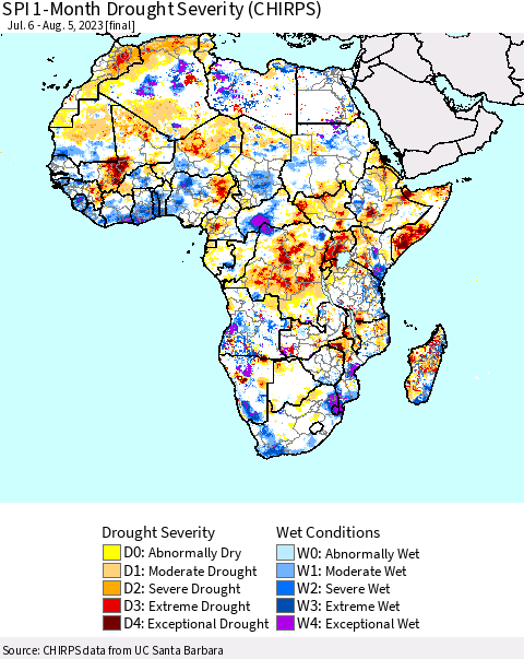 Africa SPI 1-Month Drought Severity (CHIRPS) Thematic Map For 7/6/2023 - 8/5/2023
