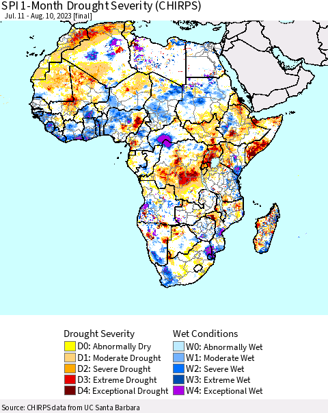 Africa SPI 1-Month Drought Severity (CHIRPS) Thematic Map For 7/11/2023 - 8/10/2023