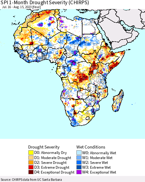Africa SPI 1-Month Drought Severity (CHIRPS) Thematic Map For 7/16/2023 - 8/15/2023