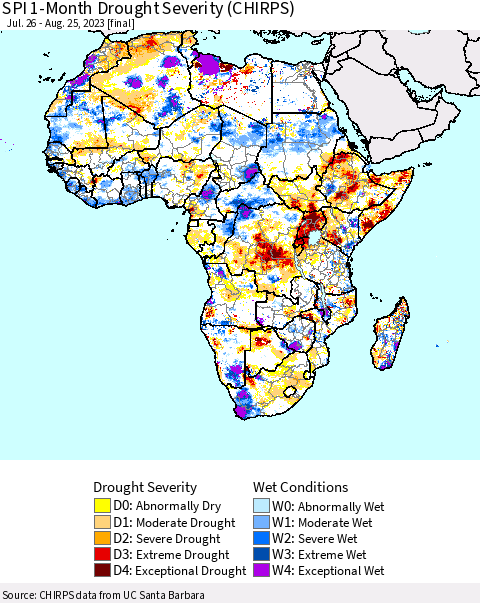 Africa SPI 1-Month Drought Severity (CHIRPS) Thematic Map For 7/26/2023 - 8/25/2023
