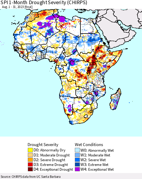 Africa SPI 1-Month Drought Severity (CHIRPS) Thematic Map For 8/1/2023 - 8/31/2023