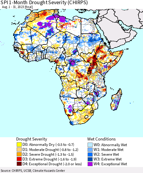 Africa SPI 1-Month Drought Severity (CHIRPS) Thematic Map For 8/1/2023 - 8/31/2023