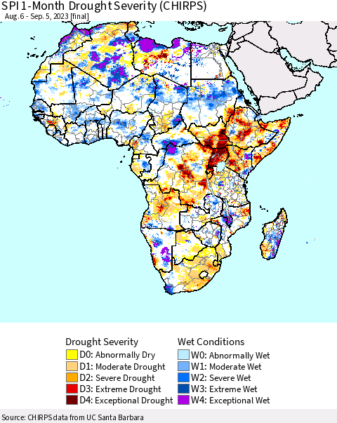 Africa SPI 1-Month Drought Severity (CHIRPS) Thematic Map For 8/6/2023 - 9/5/2023