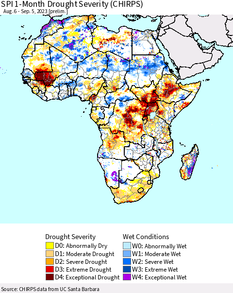 Africa SPI 1-Month Drought Severity (CHIRPS) Thematic Map For 8/6/2023 - 9/5/2023