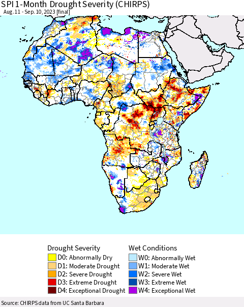 Africa SPI 1-Month Drought Severity (CHIRPS) Thematic Map For 8/11/2023 - 9/10/2023