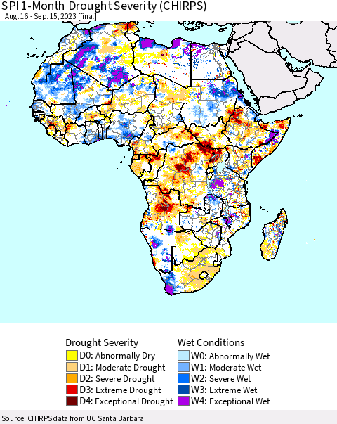 Africa SPI 1-Month Drought Severity (CHIRPS) Thematic Map For 8/16/2023 - 9/15/2023
