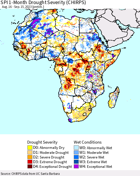 Africa SPI 1-Month Drought Severity (CHIRPS) Thematic Map For 8/16/2023 - 9/15/2023