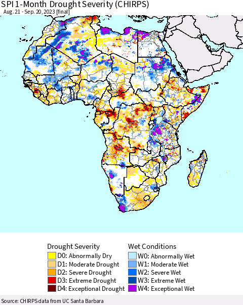 Africa SPI 1-Month Drought Severity (CHIRPS) Thematic Map For 8/21/2023 - 9/20/2023