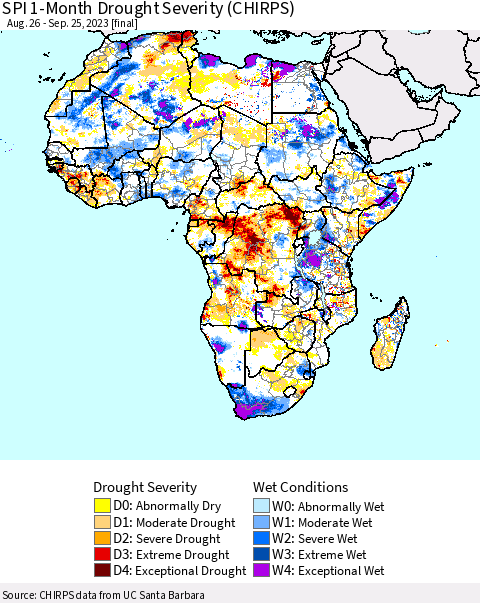Africa SPI 1-Month Drought Severity (CHIRPS) Thematic Map For 8/26/2023 - 9/25/2023