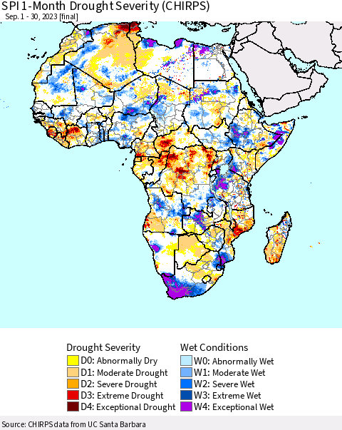 Africa SPI 1-Month Drought Severity (CHIRPS) Thematic Map For 9/1/2023 - 9/30/2023