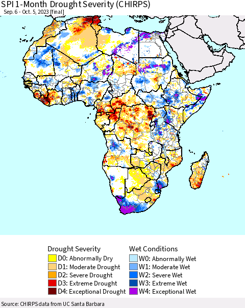 Africa SPI 1-Month Drought Severity (CHIRPS) Thematic Map For 9/6/2023 - 10/5/2023