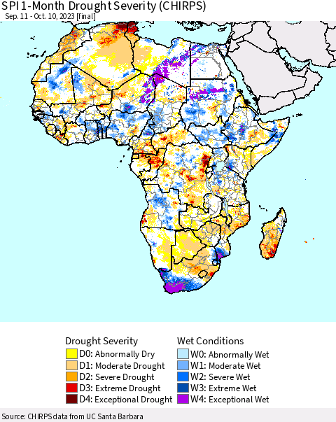 Africa SPI 1-Month Drought Severity (CHIRPS) Thematic Map For 9/11/2023 - 10/10/2023