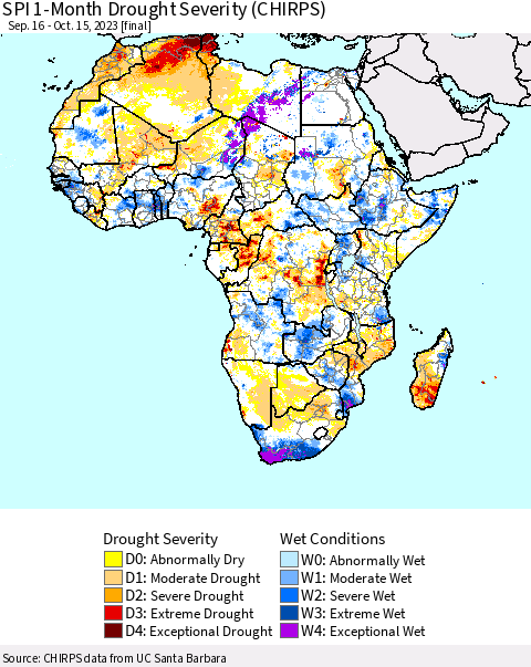 Africa SPI 1-Month Drought Severity (CHIRPS) Thematic Map For 9/16/2023 - 10/15/2023