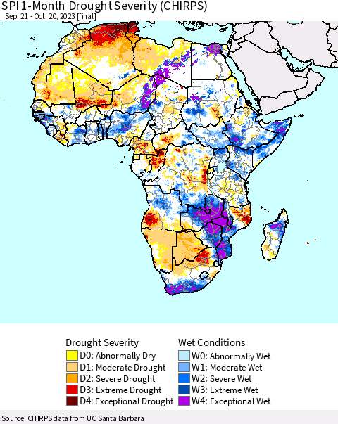 Africa SPI 1-Month Drought Severity (CHIRPS) Thematic Map For 9/21/2023 - 10/20/2023