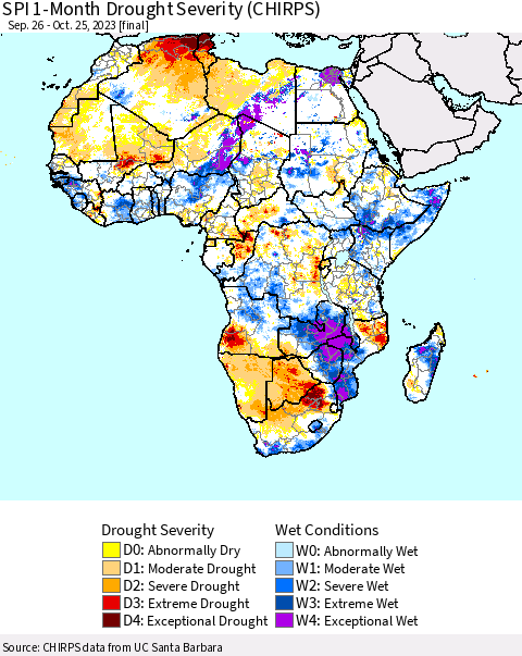 Africa SPI 1-Month Drought Severity (CHIRPS) Thematic Map For 9/26/2023 - 10/25/2023